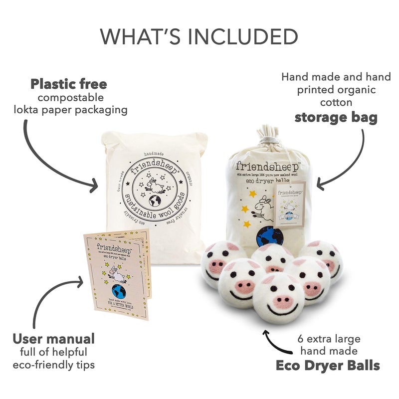 Friendsheep Wool Dryer Balls, Organic Reusable Fabric Softener Alternative for Laundry, Handmade, Fair Trade, Hypoallergenic, Eco-Friendly, Plastic-Free (6 Pack XL - Pig- Piggy Band) - Image 4